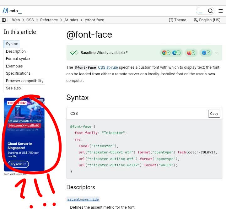 我是在使用沒有另外安裝擋廣告程式的 Chrome 瀏覽器才看得到這個廣告的，之前在電腦瀏覽 MDN Web Docs 時，因爲有安裝 uBlock Origin 這個強大的擋廣告程式，才沒有注意到過。