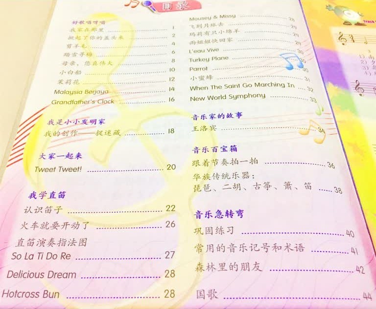 《我的小小麥克風》四年級課本目錄截圖,可見上面的選曲多元,涵蓋華語、馬來語及英語歌曲。