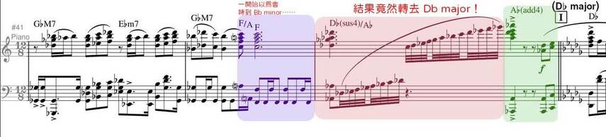 由於出現了 B♭ minor 的屬和弦（dominant chord），也就是 F，如果是完全終止的話，接下來應該會接到 Bm 和弦。不過作曲者並沒有這麼做，反而是讓它接到 D♭/A♭ 和弦，然後正式轉調至 D♭ major！